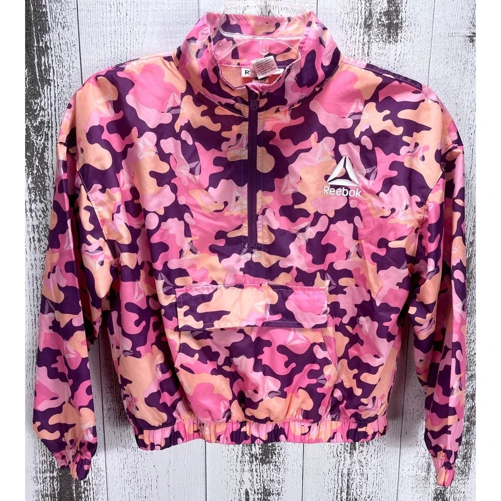 Reebok Girls 7/8 Pink Camo Windbreaker Jacket 1/2 Zip Pullover Lightweight